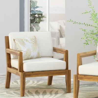 BEAFUP Outdoor Acacia Wood Patio Club Chair, Patio Furniture,Waterproof Thick Cushion Deep Seating for Porch, Garden, Backyard, Teak + Beige