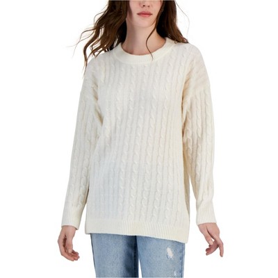 Hippie Rose Womens Cable Knit Crewneck Tunic Pullover Sweater, Yellow, Large