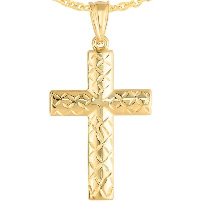 14k Yellow Gold 0.9" Reversible Diamond Cut & Polished Cross Charm Pendant with optional Adjustable Chain Necklace