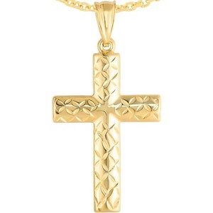14k Yellow Gold 0.9" Reversible Diamond Cut & Polished Cross Charm Pendant with optional Adjustable Chain Necklace - 1 of 4