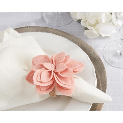 Set of 4 Rose Felt Blossom Napkin Rings with Jute