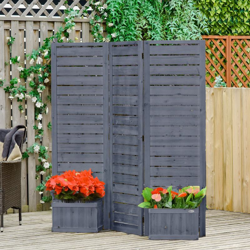 Outsunny Privacy Screen with 4 Wooden Planter Box, Flower Pot Vegetable Raised Garden Bed w/ 3 Panels and Drainage Holes for Patio, Balcony, 3 of 7