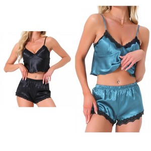 INSPIRE CHIC Women's 4 Pcs Loungewear Satin Lace Sleeveless Spaghetti-Strap Removable Pad Cami & Shorts Pajama Set - 1 of 4