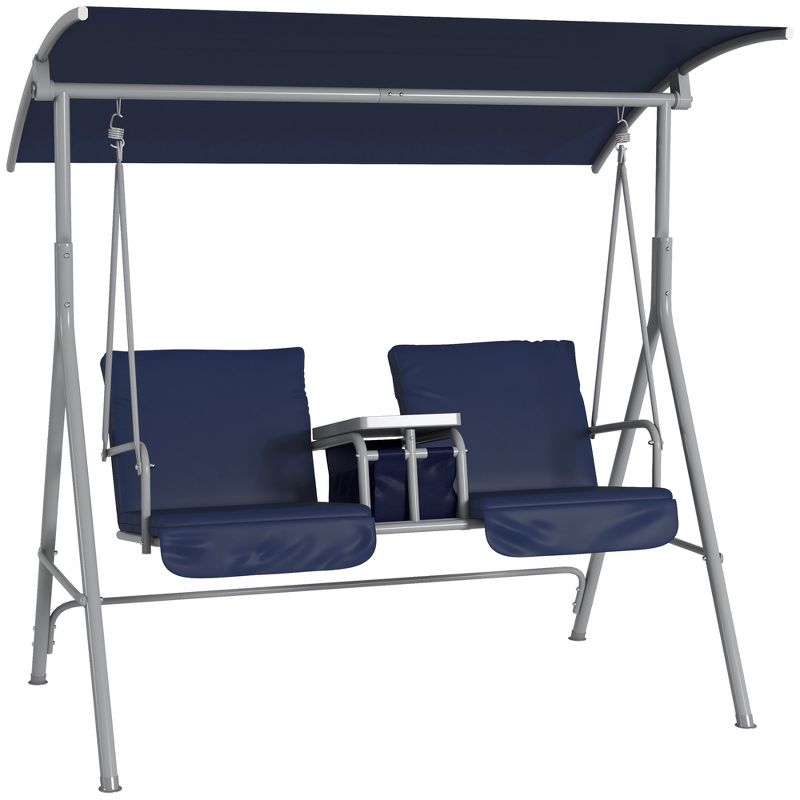 Outsunny 2 Person Porch Swing with Stand, Outdoor Swing with Canopy, Pivot Storage Table, 2 Cup Holders, Cushions for Patio, Backyard, Dark Blue, 1 of 7