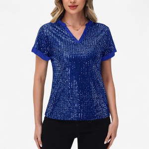 Anna-Kaci Women's Sequin Short Sleeve Top with Satin Trim V-Neckline and Rolled Cuffs - 1 of 4