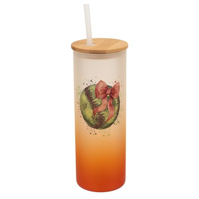 Elanze Designs 25 Ounce Frosted Glass Gradient Travel Tumbler With Straw and Wooden Lid, Softball With Pink Bow Orange