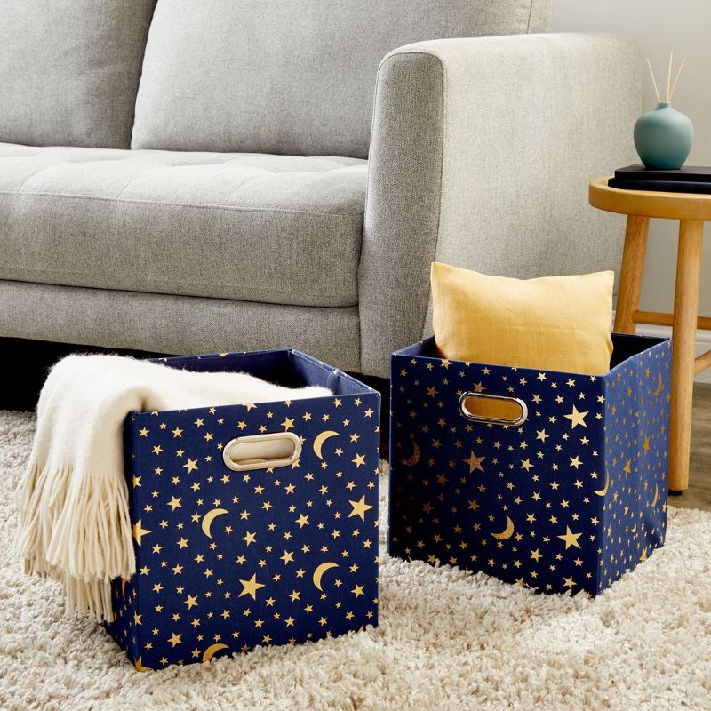 Okuna Outpost 4 Pack Fabric Storage Cube Bins, Cube Organizer, Blue with Gold Moons and Stars (11 x 11 in), 2 of 10