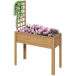 Outsunny Raised Garden Bed with Trellis for Climbing Plants, Elevated Wood Planter w/ Drainage Holes, Filter and Legs for Vegetable, Flowers, Natural - 1 of 4