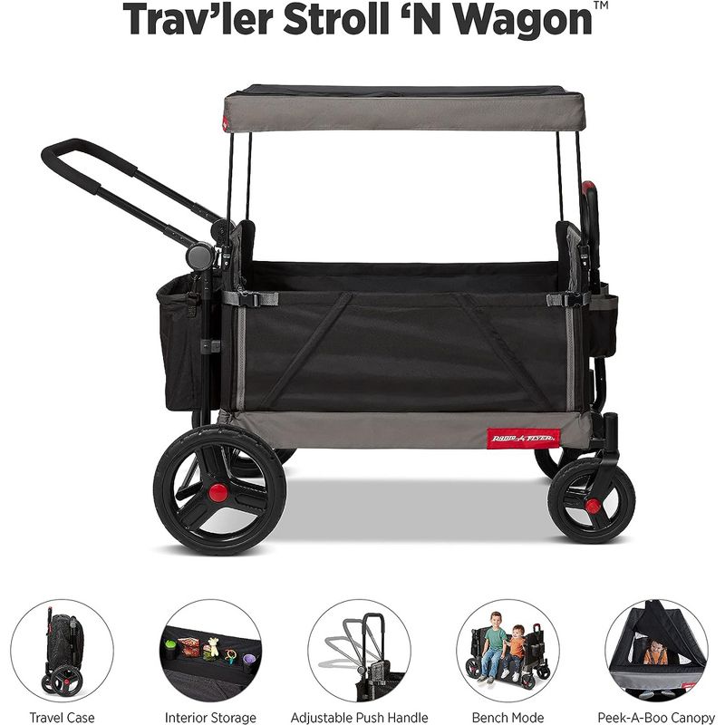 Radio Flyer Collapsible Folding Push and Pull Stroller Kids Wagon with Protective Canopy Cover and Travel Case for Ages 1 and Up, Black, 3 of 7
