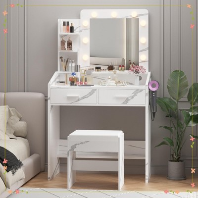 Vanity Desk with Large Mirror and Power Outlet, Makeup Vanity with 2 Drawers
