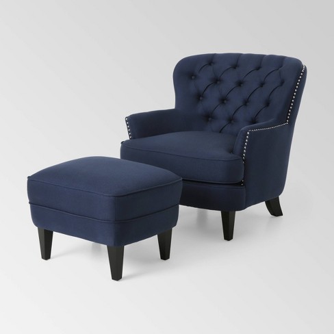 Correia Contemporary Chair And Ottoman Set Blue Christopher Knight Home Plush Upholstery Nailhead Trim Button tufted Target