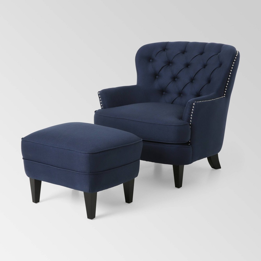Correia Contemporary Chair and Ottoman Set Blue - Christopher Knight Home: Plush Upholstery, Nailhead Trim, Button-Tufted