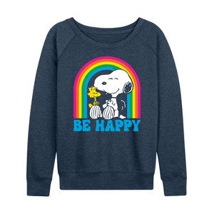 Women's - Peanuts - Be Happy Rainbow Lightweight French Terry Wide Neck Long Sleeve Shirt - 1 of 4