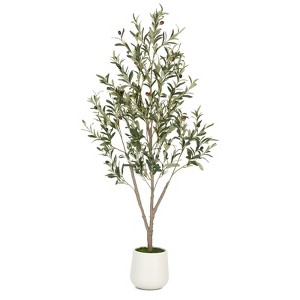 5FT 6FT 7FT Artificial Olive Tree Faux Olive Plant Realistic Leaves Silk Tree with White Pot for Home Office Decor, Interior Outdoor Decoration - 1 of 4