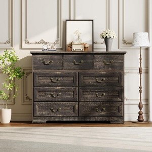 Vintage 9-Drawer Dresser 47"Wide - Wood Storage Chest with Natural Texture&Gold Floral Handles| Farmhouse Organizer for Bedroom Living Room Entryway - 1 of 4