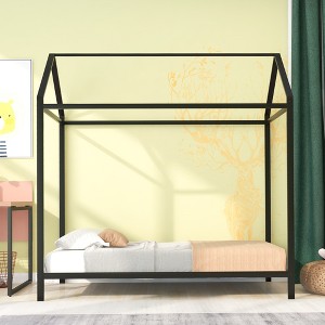 Twin Size House Bed Metal Platform Bed Frame Height Adjustable Bed for Girls Boys Teens No Box Spring Needed Black - 1 of 4
