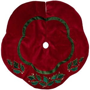 Northlight 48" Red and Green Velveteen Holly Christmas Tree Skirt - 1 of 4