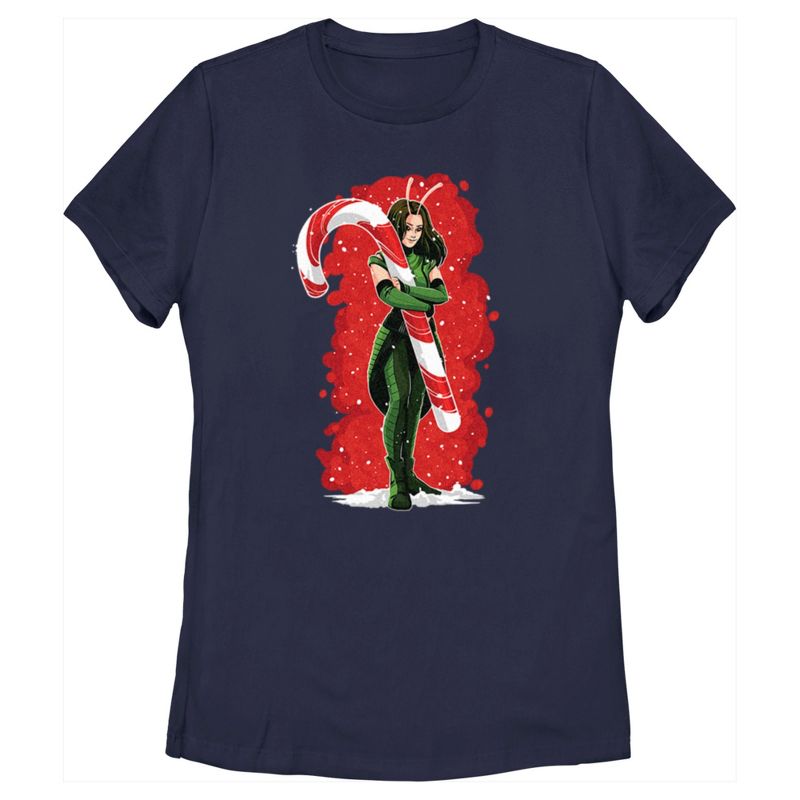 Women's Guardians of the Galaxy Holiday Special Mantis Candy Cane Hug T-Shirt, 1 of 5