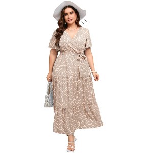 Coolmee Women Summer Maxi Dress Plus Size V Neck Wrap Floral Print Short Sleeves Ruffle Tiered Dress with Belt - 1 of 4