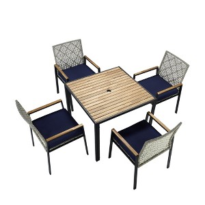 TiramisuBest All Weather 5-Piece Patio Dining Table Sets,Patio Conversation Set Acacia Wood Table Top with Umbrella Hole,Rattan Outdoor,Coffee Brown - 1 of 4