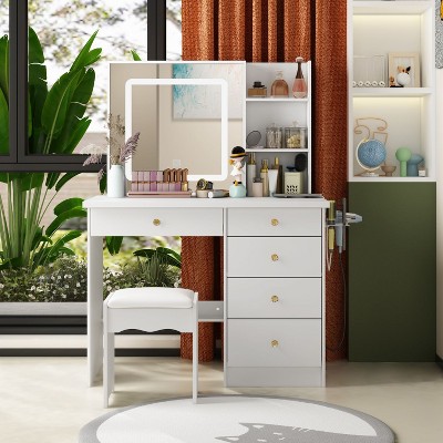 FUFU&GAGA Vanity Table Set With Lighted  Mirror and Charging Station