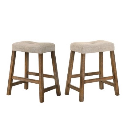 Rustic Wood Bar Stools with Upholstered Seats, Set of 2 - 26" Bar Stools