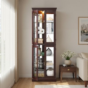 Wooakway 71"H Antique White Wood Lighted Glass Display Cabinet with Bulb Included for Living Room Kitchen Pantry - 1 of 4