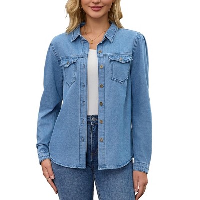 INSPIRE CHIC Women's Denim Puff Long Sleeve Button Down Jean Shirt Jacket