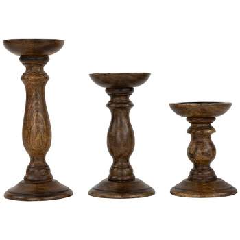 Northlight Set of 3 Natural Dark Wooden Pillar Candle Holders 10"