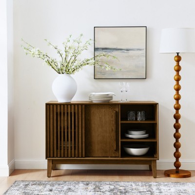 SKRAN 47.3" Sideboard Buffet Cabinet with Storage, Farmhouse Fluted Sideboard with 2 Doors & Solid Wood Feet, Storage Cabinet for Kitchen, Walnut