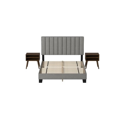 Gray Upholstered Queen Platform Bed with Nightstands