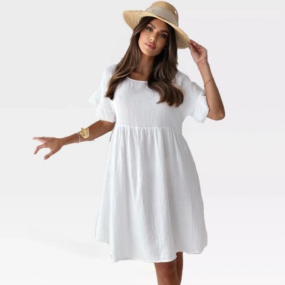 Womens Linen Textured Beach Dress Short Ruffle Sleeve Midi Smock Dress Round Neck Babydoll Flowy Dress Semi Sheer Beach Cover Dress