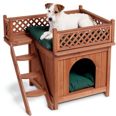 Merry Products Room with a View Indoor Outdoor 2 Level Wooden Pet House for Small Animals with Removable Roof, Balcony, Stairs, & Raised Panel Floor