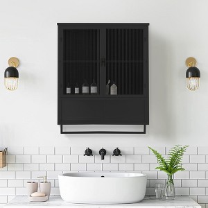 Vynxaria 23.62" Glass Doors Modern Two-Door Wall Cabinet with Two-Tier Enclosed Storage, Open Shelf, and Towel Rack for Versatile Use - 1 of 4
