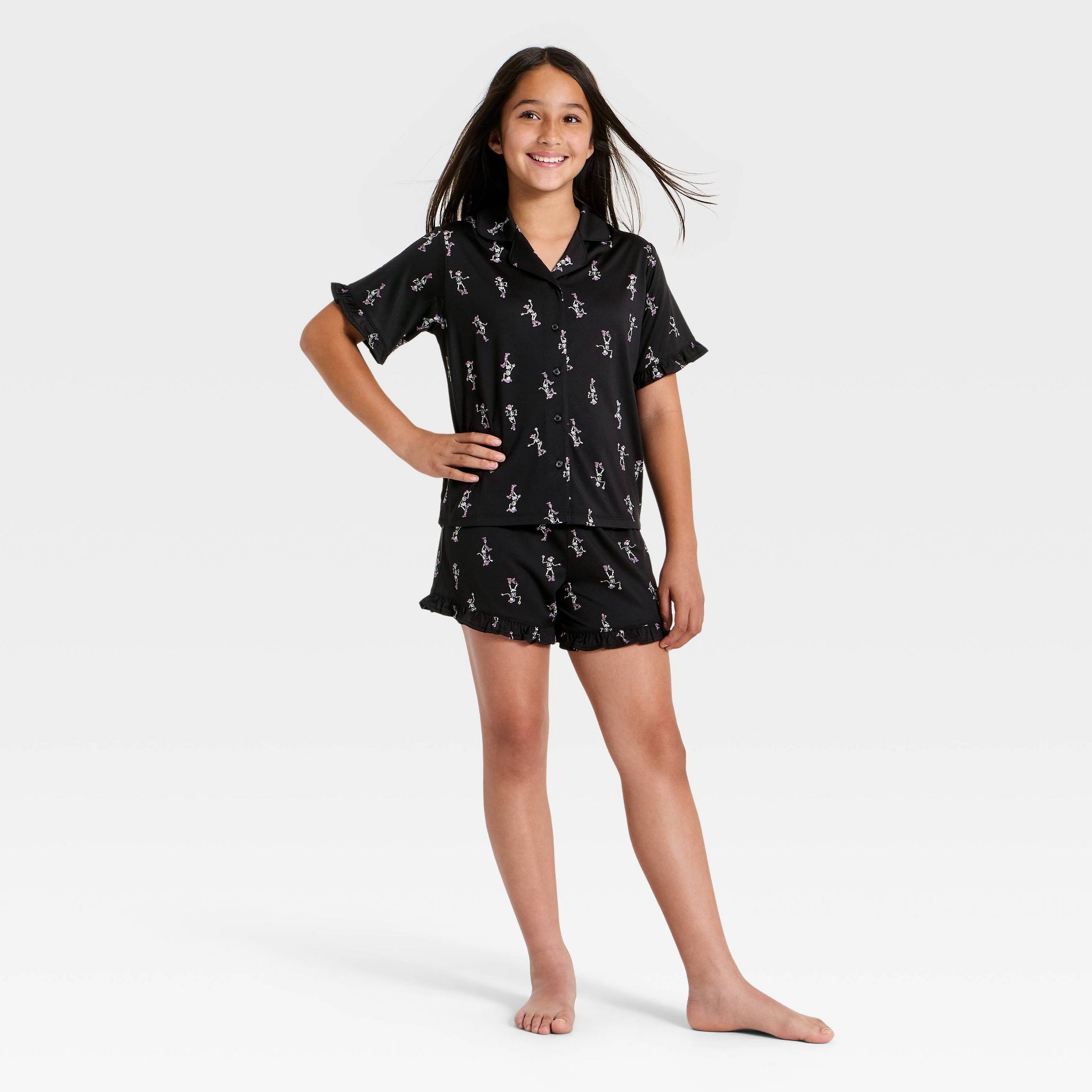 Girls' 2pc Halloween Cowboy Skeletons Button-Down Pajama Set - art class™ Black