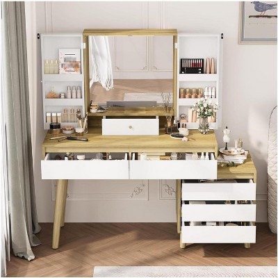 53" Big Makeup Vanity Desk Vanity Desk, 6 Drawers, Open Shelves, Detachable Design for Bedroom