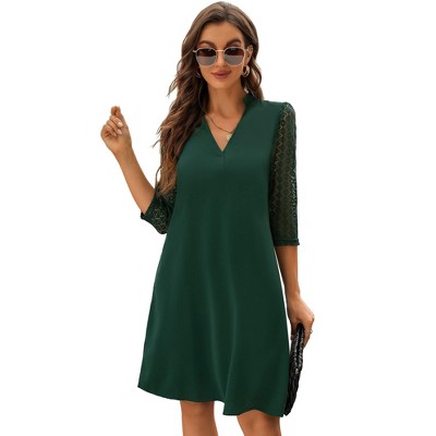 Womens  A Line Dress with Lace Braclet Sleeve V Neck Tunic Dress Mesh Sleeve Summer Basic Dress, Green - Small