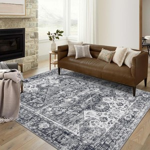 Vintage Distressed Washable Area Rug, Non-Slip, Non-Shedding, Stain-Resistant, Ultra-Thin Foldable Floral Print Floor Cover - 1 of 4