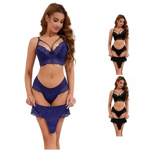 INSPIRE CHIC Women's 3 Sets Cross Straps Full Coverage Bralette and Panty Mesh Floral Lace Underwear Set - 1 of 4