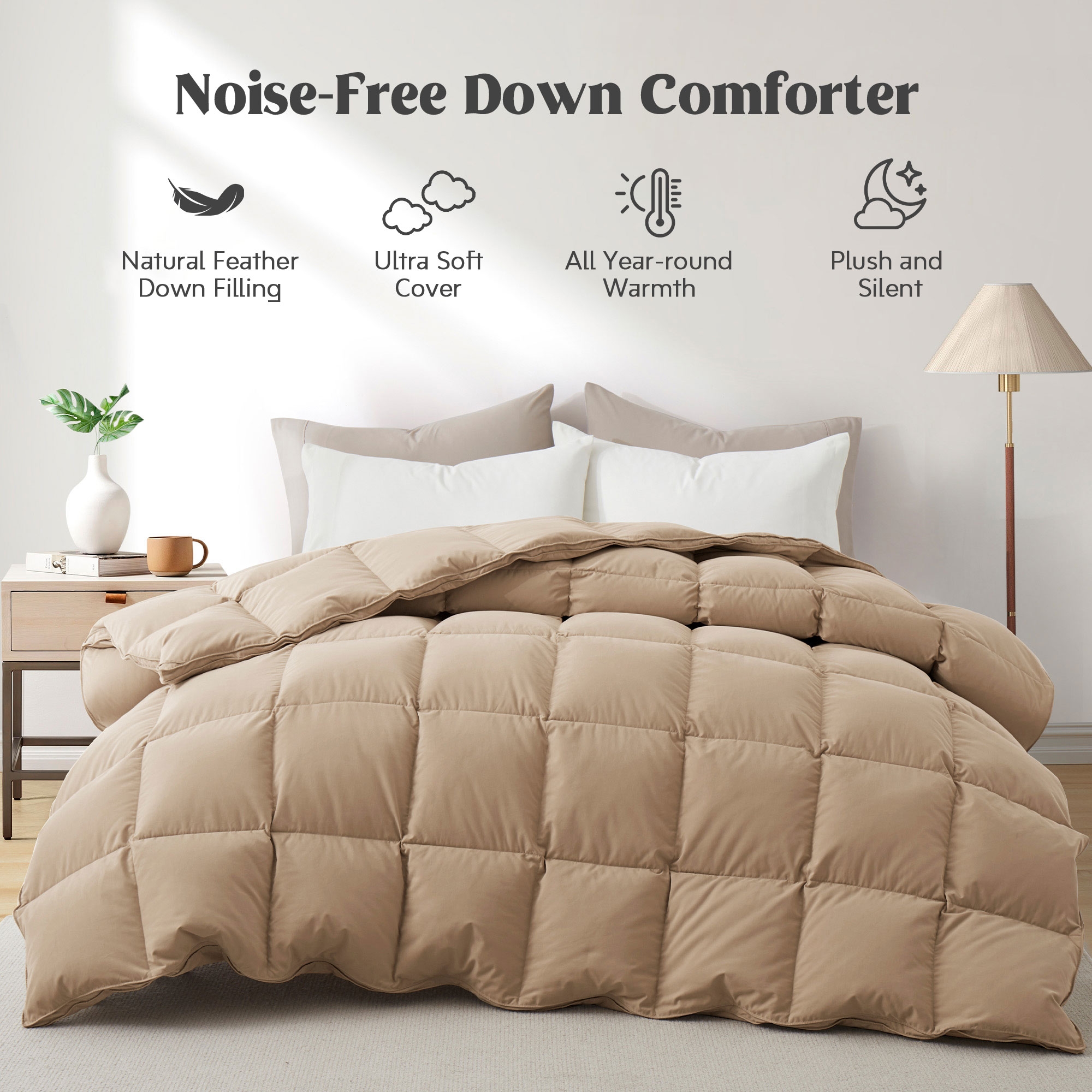 Peace Nest Ultra Soft Noiseless Down Comforter, Natural All Season Duvet Insert, Brown Gusset, California King, 108x94"
