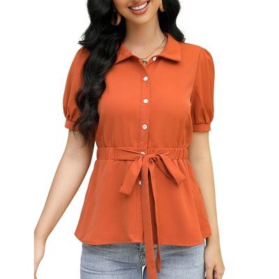 YESFASHION Women's Short Sleeve Button Down Shirts Casual Tie Waist Peplum Top Lapel V Neck Ruffle Hem Belted Work Blouse