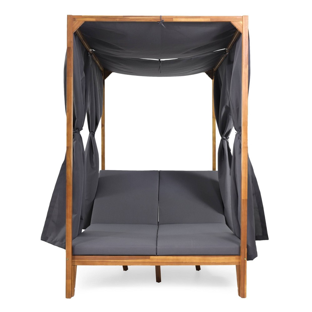 Kinzie Outdoor 2 Seater Adjustable Acacia Wood Daybed with Curtains - Teak/Dark Gray - Christopher Knight Home
