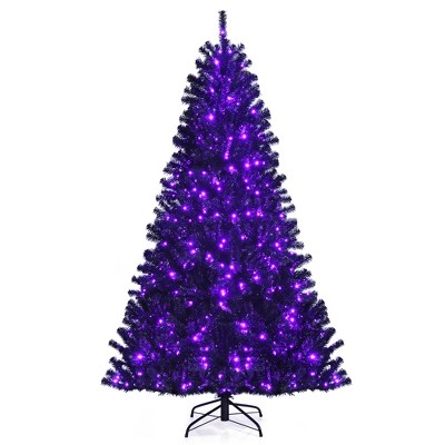 Costway 7ft Pre-lit PVC Christmas Halloween Tree Black w/ 500 Purple LED Lights