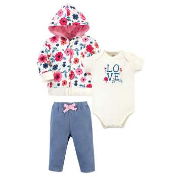 Touched by Nature Baby and Toddler Girl Organic Cotton Hoodie, Bodysuit or Tee Top, and Pant, Garden Floral
