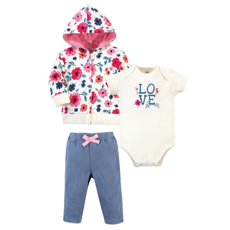 Touched by Nature Baby and Toddler Girl Organic Cotton Hoodie, Bodysuit or Tee Top, and Pant, Garden Floral, 1 of 6