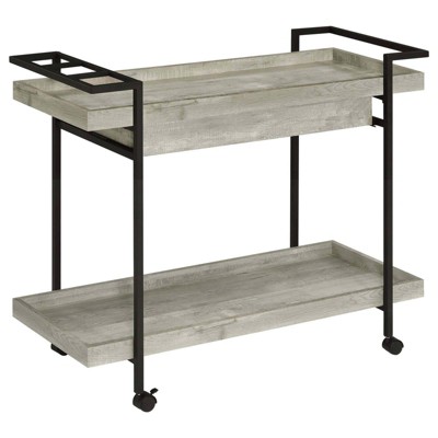 Gray Driftwood Industrial Bar Cart with Storage and Wine Rack