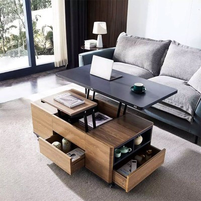 Munora 47" Lift-Top Foldable Walnut Coffee Table with 2 Drawers & Cabinet Storage - Hydraulic Lifting, Lockable Wheels