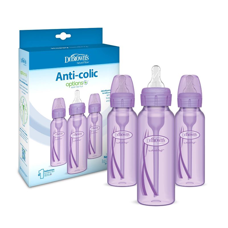 Dr. Brown&#39;s 8oz Anti-Colic Options+ Narrow Baby Bottle with Level 1 Slow Flow Nipple - 3pk - 0m+ - Purple, 4 of 18