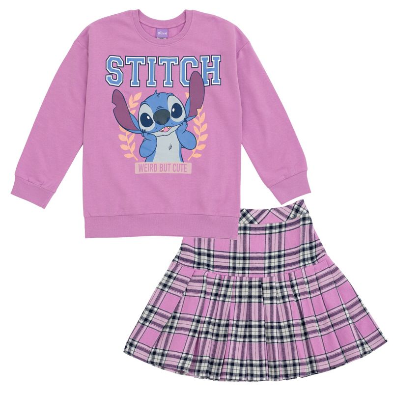 Disney Minnie Mouse Lilo & Stitch Girls Fleece Sweatshirt and Plaid Skirt Little Kid to Big Kid, 1 of 10