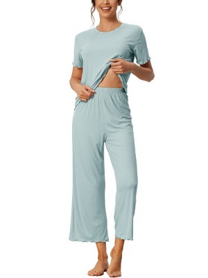 cheibear Women's Pajama Set Ruffle Round Neck Soft Knit Short Sleeve Shirt with Pants Capri Loungewear